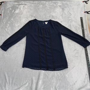 J.Crew Shirt Womens 0 Blue Chiffon Swiss Dot Blouse Keyhole V Neck 3/4 Slv Lined